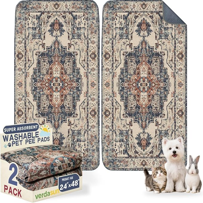Washable Pee Pads for Dogs, Reusable Puppy Potty Training Pads, Ultra-Absorbent Thick Waterproof Leak-Proof Non-Slip Pads & Mat for Crate, Playpen, Floor, Whelping & Housebreaking , 2 Pack 24"x48"