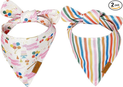 Remy+Roo Dog Bandanas - 2 Pack | Birthday Girl Dog Bandanas Set | Premium Durable Fabric | Patented Shape Bandanas for Dogs (Birthday Party, Rainbow Stripe, Large)