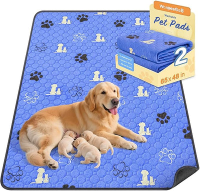 WanpeeGoo Washable Pee Pads for Dogs, 1 Pack Absorbent Reusable Training Dog Pads Pet Puppy Pads, Non-Slip Potty Pads for Whelping, Playpen, Crate, Bed, Blue, 65"x48"