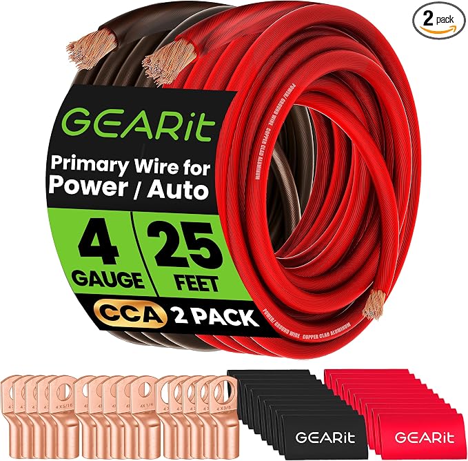 4 Gauge Wire Kit CCA 3-in-1, 4 AWG Power Ground Battery Cable 25 ft Black/Red, with Lugs & Heat Shrink