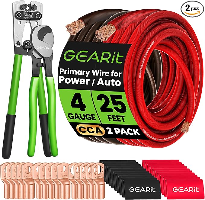 GEARit 4 Gauge Amp Wiring Kit, 25ft Red & 25ft Black (50 feet Total) CCA 4 AWG Battery Cable with Crimping Tool, Cable Cutter, 15 Lugs & 20 Heat Shrink Tubes for Car Audio, RV, Trailer, Inverter