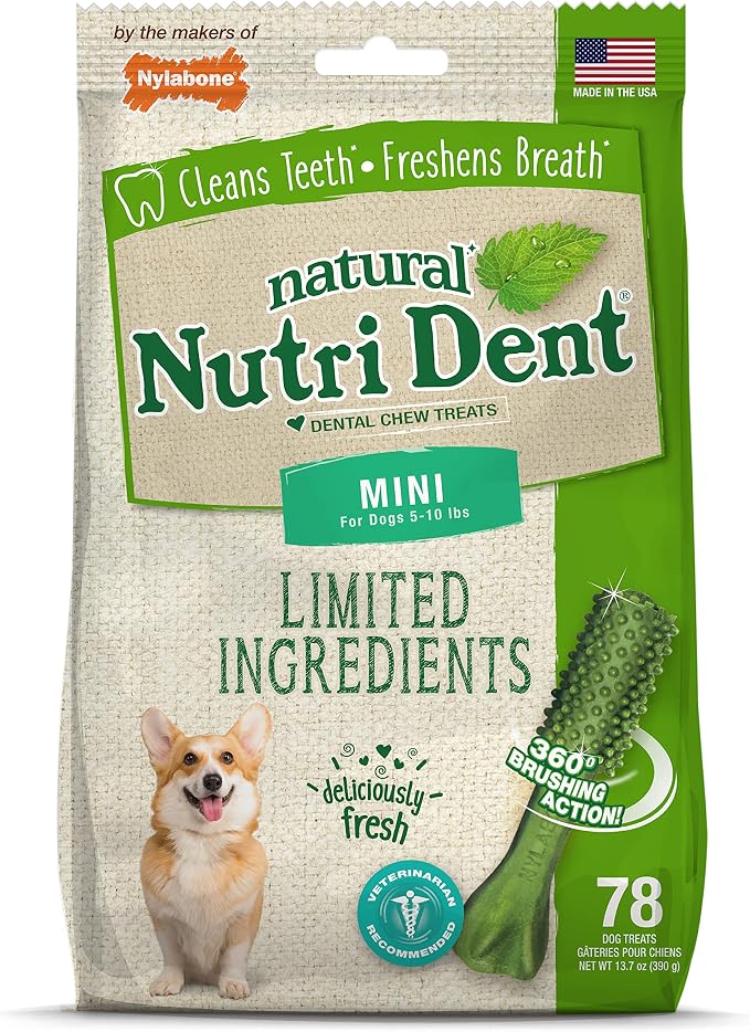 Nutri Dent Natural Dental Chews for Dogs, Limited Ingredient Dog Treats Made in the USA, Clean Teeth & Fresh Breath, Healthy Dog Chews, Fresh Breath Flavor, For X-Small Dogs, (78 Count)