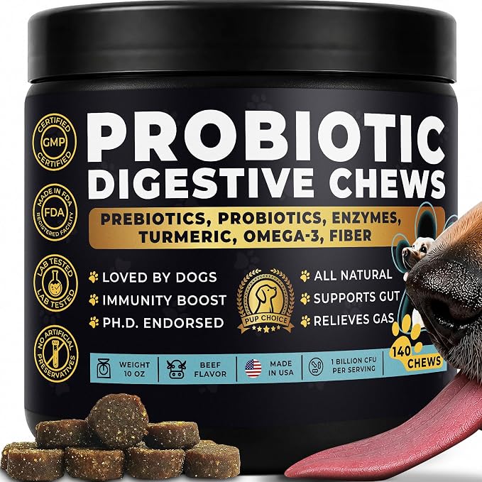 Probiotics for Dogs – Digestion, Gut Health & Firmer Stool | 1 Billion CFU, 6 Strains with Pumpkin, Papaya & Turmeric for All Breeds – Beef Soft Chews