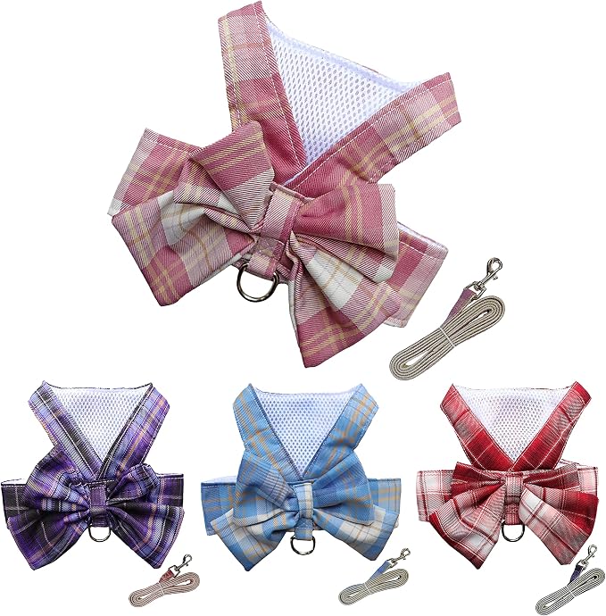 Plaid Dog Dress Bow Tie Harness Leash Set,Dog Clothes Harness Dress with Leash Ring for Small Dogs Girl, Puppy Princess Rabbit Clothes Chihuahua Yorkies Pet Outfits (Pink, XX-Large)