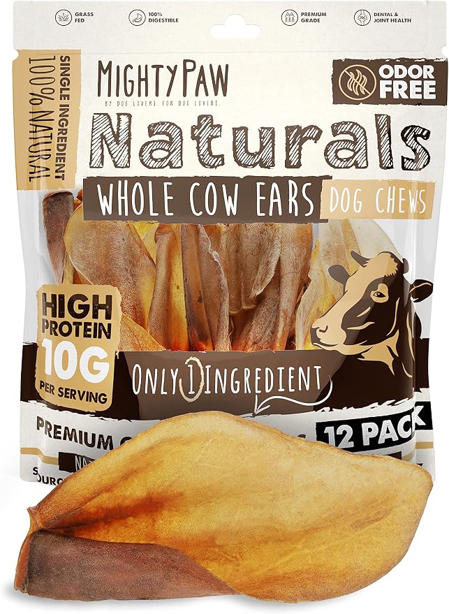 100% Natural Unbleached Cow Ears for Dogs - Single Ingredient - Cows Ears for Dogs Chew Treats Suitable for Small, Medium & Large Breeds - Pet Chews (12 Pack)