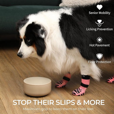DOK TigerToes Premium Non-Slip Dog Socks for Hardwood Floors - Extra-Thick Grip that Works Even When Twisted - Prevents Licking, Slipping, and Great for Dog Paw Protection (Sassy Pink, Small)