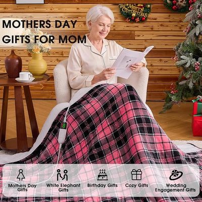 OCTROT Heated Blanket Electric, Twin Size 62X84, Heating Blanket with 10 Heating Levels & 8 Hours Auto Off, Pink Plaid Checkered Plaid Sherpa Blankets Warmer for Adults, Fast Heating Washable