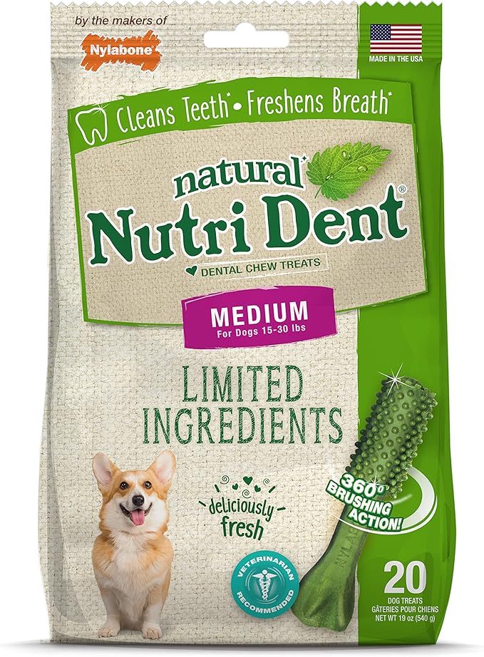 Nutri Dent Dog Dental Chews - Natural Dog Teeth Cleaning & Breath Freshener - Dental Treats for Dogs - Fresh Breath Flavor, Medium (20 Count)