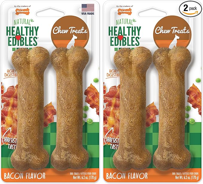 Healthy Edibles Natural Dog Chews, Long Lasting Bones for Dogs, Bacon Flavor Dog Treats, Medium (2 Count) (Pack of 2)