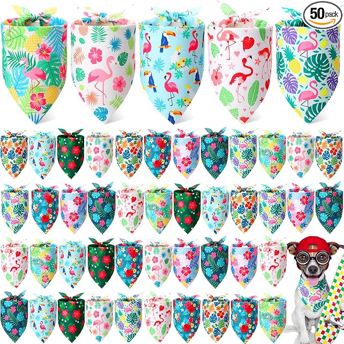50 Pcs Hawaiian Dog Bandanas Bulk for Dogs Soft Bibs Adjustable Triangle Pet Bandana for Small Medium Large Costume(Hawaii Pattern, 25.6 x 17.7 x 17.7 Inch)