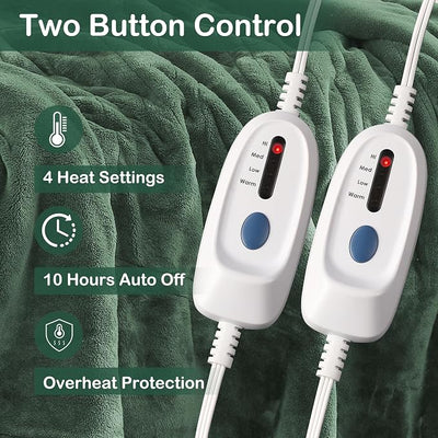 Eydna Electric Heated Blanket Queen Size 84"x90", Soft Plush Microplush for Bed, Dual Controllers & Heating Zones, 10Hs Auto Off & 4 Heating Levels, Machine Washable, Gifts for Womens-Sage Green
