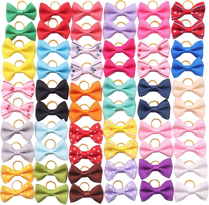 60PCS (30 Paris) Cute Puppy Dog Small Bowknot Hair Bows with Rubber Bands Handmade Hair Accessories Bow Pet Grooming Products(Mix Colors)