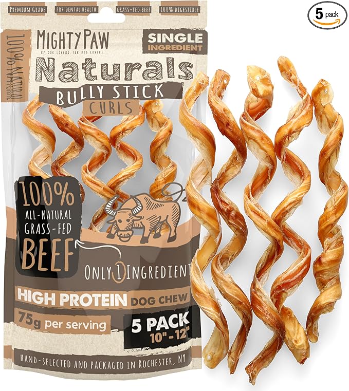 Naturals Curly Bully Sticks for Dogs - Grass Fed Beef Dog Chews. Bully Sticks for Large Pets, Medium, Small Breeds. Lower Odor Treats for Small Pets. Single Ingredient 12”, 5 Pack