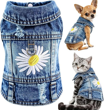 Denim Vest Jacket for Small Medium Dog Clothes Jean Apparel Cute Outfit for Dog Cat Girls Boys Puppy Costume Dog Harness Dress Shirt Chihuahua Yorkie (One Daisy with D Ring, X-Small)