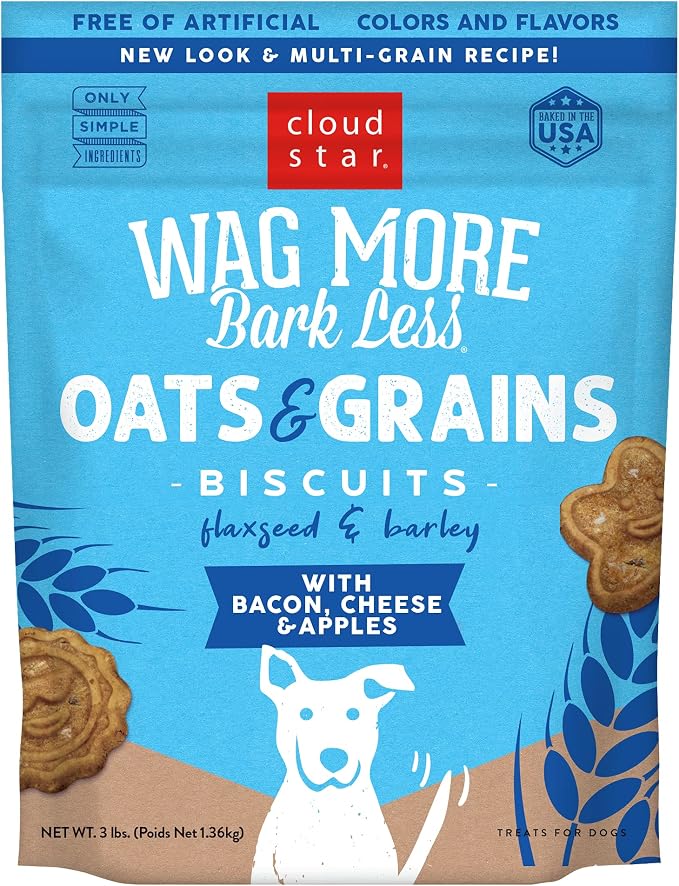 Wag More Bark Less - Dog Treats - Crunchy Biscuits - Oats & Grains Bacon, Cheese & Apples - 3 lb Pouch