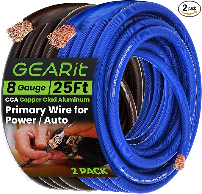8 Gauge Wire 25 ft, 8 AWG Battery Cable CCA, Copper-Clad Aluminum Power Ground Cable for Car Audio Amp, Automotive, RV