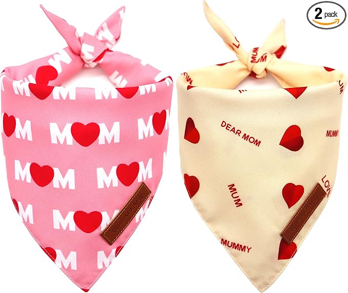 Realeaf Mothers Day Dog Bandanas 2 Pack, Reversible I Love My Mom Pet Scarf for Boy and Girl, Premium Durable Fabric, Valentines Day Bandana for Small Medium Large and Extra Large Dogs (X-Large)