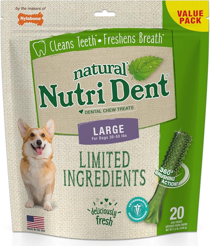 Nutri Dent Dog Dental Treats - Natural Dog Teeth Cleaning & Breath Freshener - Dental Treats for Dogs - Fresh Breath Flavor, Large (20 Count)