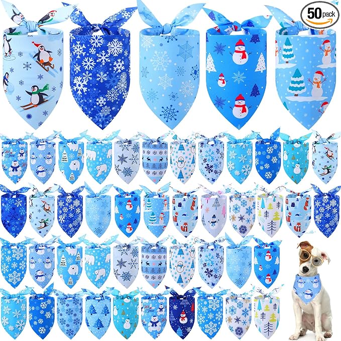 50 Pcs Winter Dog Bandanas Bulk Blue Snowflake Dog Bandanas for Pets Triangle Kerchief Scarf Bibs for Winter Pets Cats Party Costume Photo Props Accessories Pet Shops (19.7 x 13.8 x 13.8)