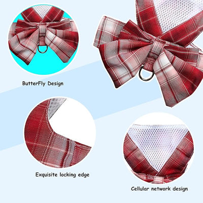 Plaid Dog Dress Bow Tie Harness Leash Set,Dog Clothes Harness Dress with Leash Ring for Small Dogs Girl, Puppy Princess Rabbit Clothes Chihuahua Yorkies Pet Outfits (Red, X-Small)