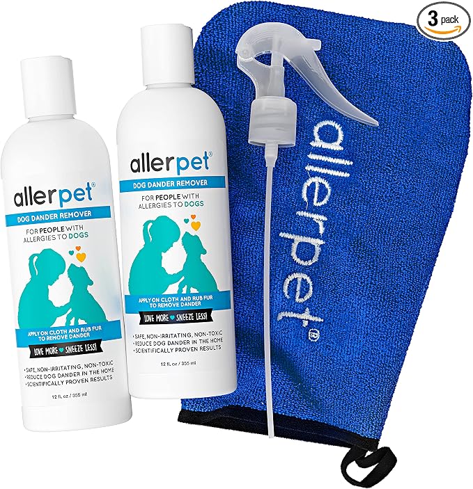 Dog Dander Remover w/Free Applicator Mitt & Sprayer - Best Pet Dander Remover for Allergens - for Canine Dry Skin Treatment - Good for Fur & Skin - 2 Pack (12oz)