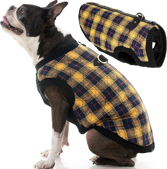 Fashion Vest Check Dog Jacket - Yellow Check, Large - Warm Zip Up Bomber Vest Dual D Ring Leash - Winter Water Resistant Sweater - Clothes for Small or Medium Dogs