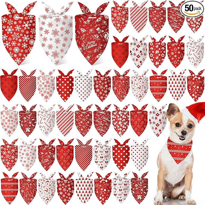 Abbylike 50 Pcs Valentines Day Dog Bandanas Bulk Red and White Polka Dots Stripes Bandanas for Dogs Triangle Kerchief Bibs Scarf for Pet Romantic Costume Photo Props Accessories(31.5 x 21.7 x 21.)