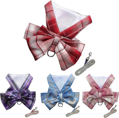 Plaid Dog Dress Bow Tie Harness Leash Set,Dog Clothes Harness Dress with Leash Ring for Small Dogs Girl, Puppy Princess Rabbit Clothes Chihuahua Yorkies Pet Outfits (Red, Small)