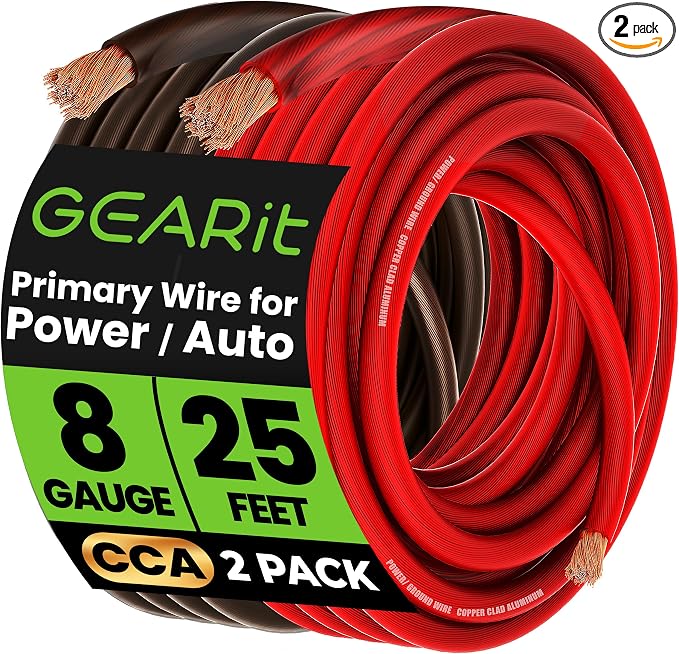 8 Gauge Wire, for Automotive Power/Ground, Battery Cable, Car Audio, RV, Amp, CCA, Automotive Wire, Amp Kit, Battery Cables, Wiring Kit, (25 feet Each- Black/Red)