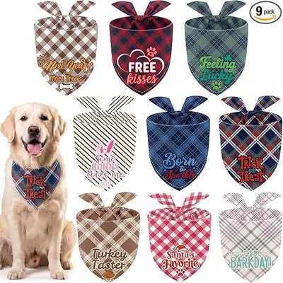 Weewooday 9 Pcs Holiday Dog Bandanas Halloween Seasonal Plaid Birthday Scarf Adjustable Large Fall Pet Puppy Washable Triangle Scarves Bibs for Thanksgiving Christmas Girl Boy