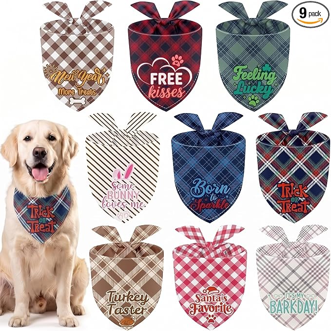 9 Pcs Holiday Dog Bandanas Halloween Seasonal Plaid Birthday Scarf Adjustable Large Fall Pet Puppy Washable Triangle Scarves Bibs for Thanksgiving Christmas Girl Boy