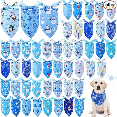 Abbylike 50 Pieces Winter Dog Bandanas Bulk Blue Snowflake Dog Bandanas for Pets Triangle Kerchief Scarf Bibs for Winter Pets Cats Party Costume Accessories (25.6 x 17.7 x 17.7)