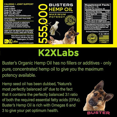 3Pack 6Month Supply Buster's Organic Hemp Oil for Dogs and Pets 555000, Large 60ml Bottle Miracle Formula, Perfectly Balanced Omegas 3, 6, 9 - Joint Support, Calming