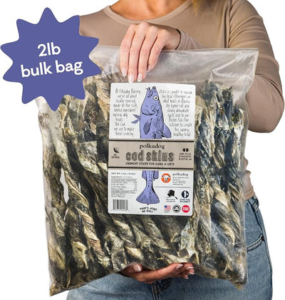 Polkadog Cod Skins for Dogs (2lb Regular) - Single Ingredient, Wild-Caught Fish Skin Natural Dog Treat Chews. High in Lean Protein & Omega 3. Hypoallergenic, Grain Free. Handcrafted & Made in USA