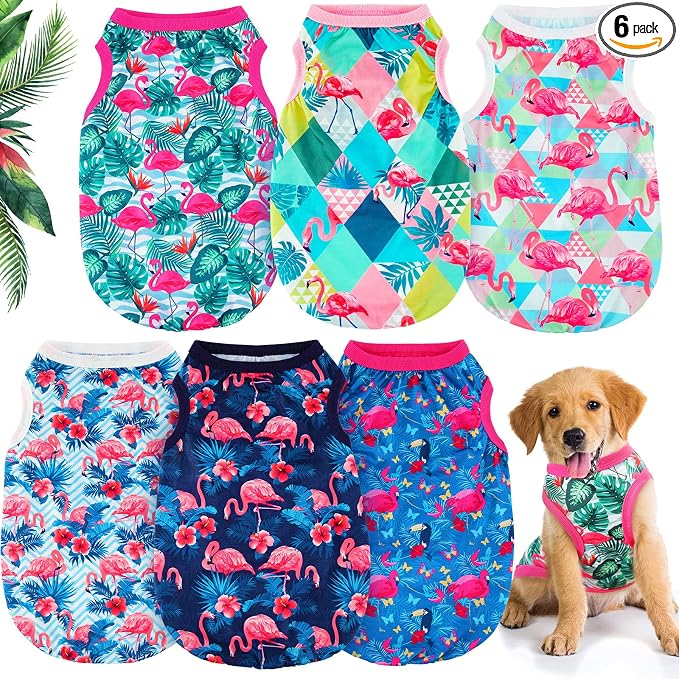 6 Pack Summer Flamingo Dog Shirts, Hawaiian Tropical Tank Tops Clothes Outfit for Dogs Luau Pool Summer Party Costume Cute Sleeveless Pet Apparel for Chihuahua Puppy Toy Breeds Cats(Medium)