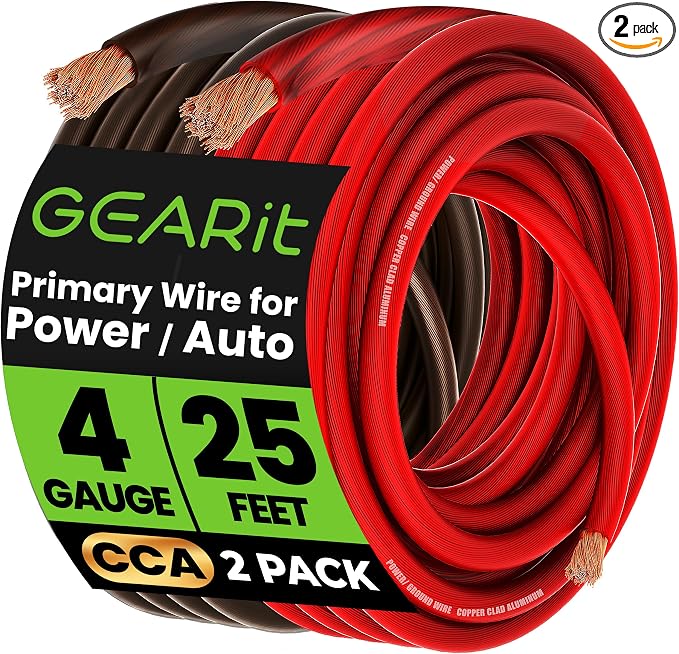 GEARit 4 Gauge Wire, CCA Electrical Wire Extension Cord for Automotive Power/Ground, Battery Cable, Car Audio, RV, Amp Wiring Kit, (25 feet Each- Black/Red Translucent)