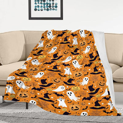 Orange Halloween Blanket, Spooky Pumpkin Ghosts Fleece Throw Blanket for Kids, Fall Halloween Decorations Gifts for Kids Women Birthday, 40x60 Inches