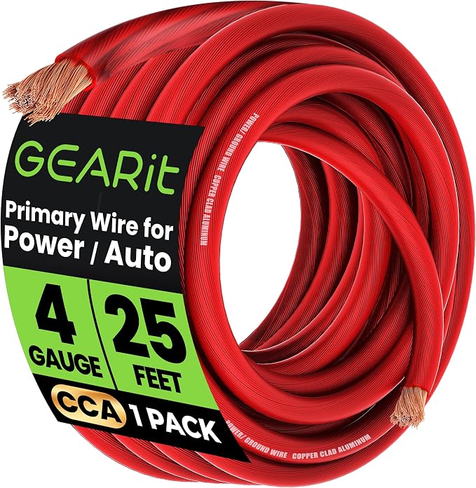 4 Gauge Wire, CCA Electrical Wire for Automotive Power/Ground, Battery Cable, Car Audio, RV, Amp Wiring Kit, 25 Feet, Red Translucent