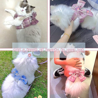 Plaid Dog Dress Bow Tie Harness Leash Set,Dog Clothes Harness Dress with Leash Ring for Small Dogs Girl, Puppy Princess Rabbit Clothes Chihuahua Yorkies Pet Outfits (Pink, X-Small)