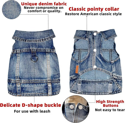 Dog Jean Jacket Pet Blue Denim Coat for Puppy Small Dogs Fashion Classic Overalls Girl Male Boy Cat Costumes Vintage Washed Vest Clothes Outfit Shirts (Blue, Small)