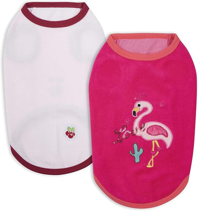 Blueberry Pet Pack of 2 Soft & Comfy Vacation Scene Flamingo Cotton Blend Dog Pajamas & Tank Top T Shirts, Back Length 12", Clothes for Dogs