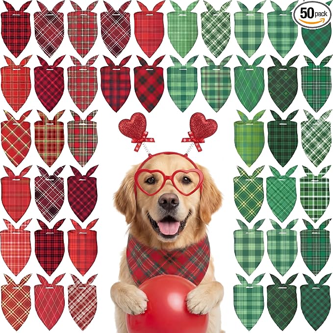 50 Pcs St. Patrick's Day Dog Bandanas Bulk Green Plaid Bandanas for Dogs Triangle Kerchief Bib Scarf for Pet Irish Holiday Costume Photo Props Accessories (31.5 x 21.7 x 21.7)