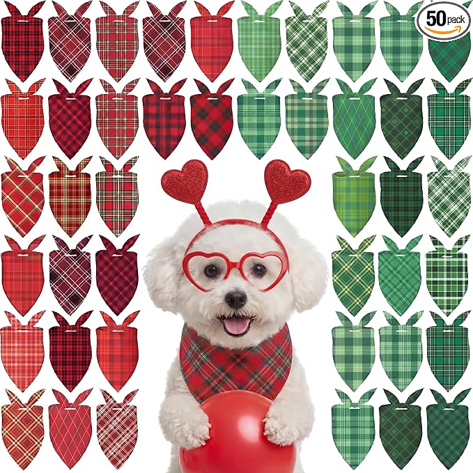 50 Pcs St. Patrick's Day Dog Bandanas Bulk Green Plaid Bandanas for Dogs Triangle Kerchief Bib Scarf for Pet Irish Holiday Costume Photo Props Accessories (19.7 x 13.8 x 13.8)