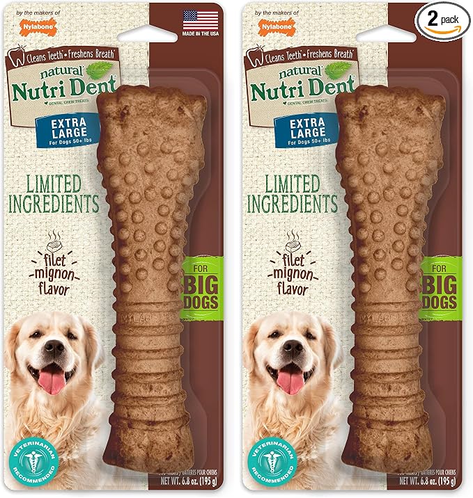 Nutri Dent Dog Dental Chews - Natural Dog Teeth Cleaning & Breath Freshener - Dental Treats for Dogs - Filet Mignon Flavor, X-Large (1 Count) (Pack of 2)