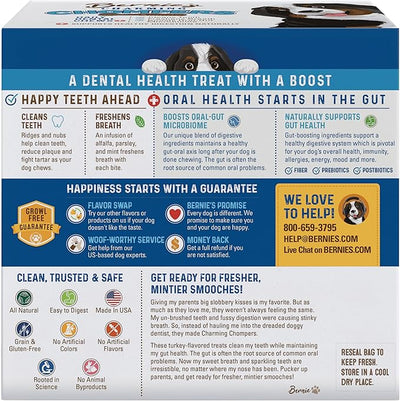 Bernie's Charming Chompers - Daily Dental Chews for Dogs 26-50 Lbs. - 36 Count - Cleans Teeth, Freshens Breath, + Boosts Oral-Gut Microbiome. Easy to Digest, Supports Healthy Digestion Naturally