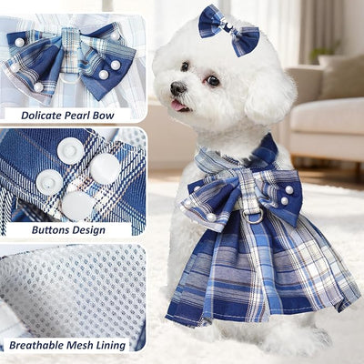 Dog Dress Bowknot Harness Leash Set for Small Dogs Girl Cute Plaid Dog Dress Pearls Bow Tie Spring Summer Princess Clothes Birthday Holiday Doggie Outfits for Puppy Cats Girl (Lake Blue, Small)