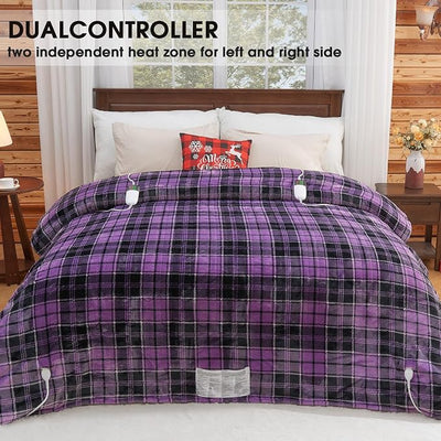 Heated Electric Blanket Queen Size, 84X90 Heating Blanket Queen with Dual Control&10 Heats Levels&Timer for Bed,Purple Plaid Sherpa Soft Blankets Warmer Gift for Grandma Women Adults, Washable