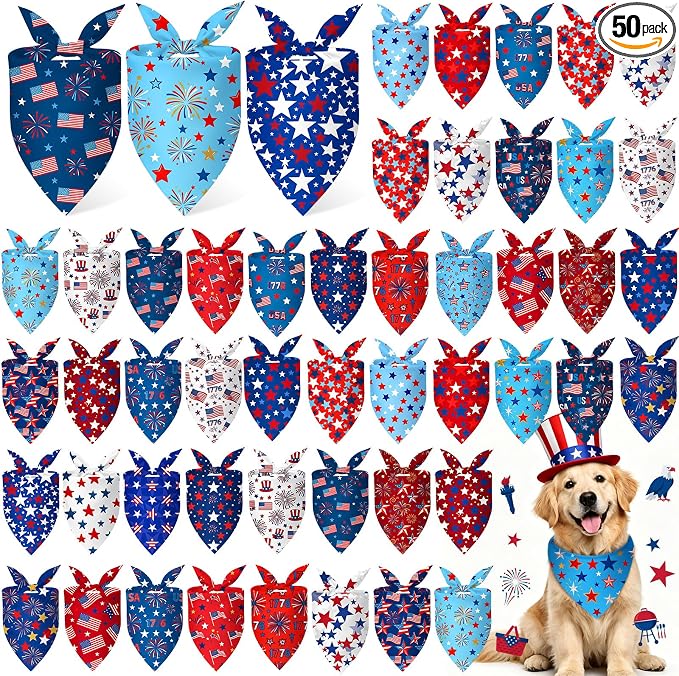 50 Pcs Patriotic Dog Bandanas Bulk 4th of July Bandanas for Dogs Star Triangle Kerchief Bib Scarf Set for Pet Independence Day 250th Anniversary Party Costume, 25 Styles(31.5 x 21.7 x 21.7)