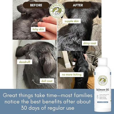 Wholistic Pet Organics Wild Alaskan Salmon Oil for Dogs and Cats - Omega 3 Fish Oil for Dogs & Cats - Cat & Dog Skin and Coat Supplement for Heart, Joints - DHA, EPA Omega 3 Liquid Food Topper - 8 oz