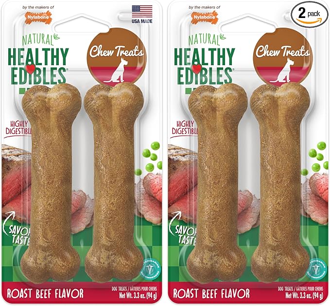 Healthy Edibles Natural Dog Chews Long Lasting Roast Beef Flavor Treats for Dogs, Small/Regular (2 Count) (Pack of 2)